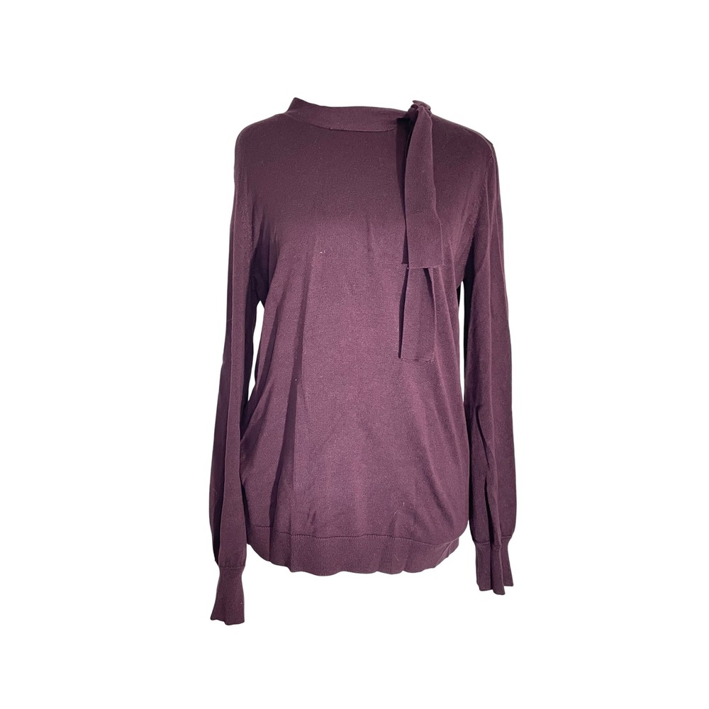 Adrianna Papell Womens Tie Neck Long Sleeve Knit Top Sweater Plum Purple M